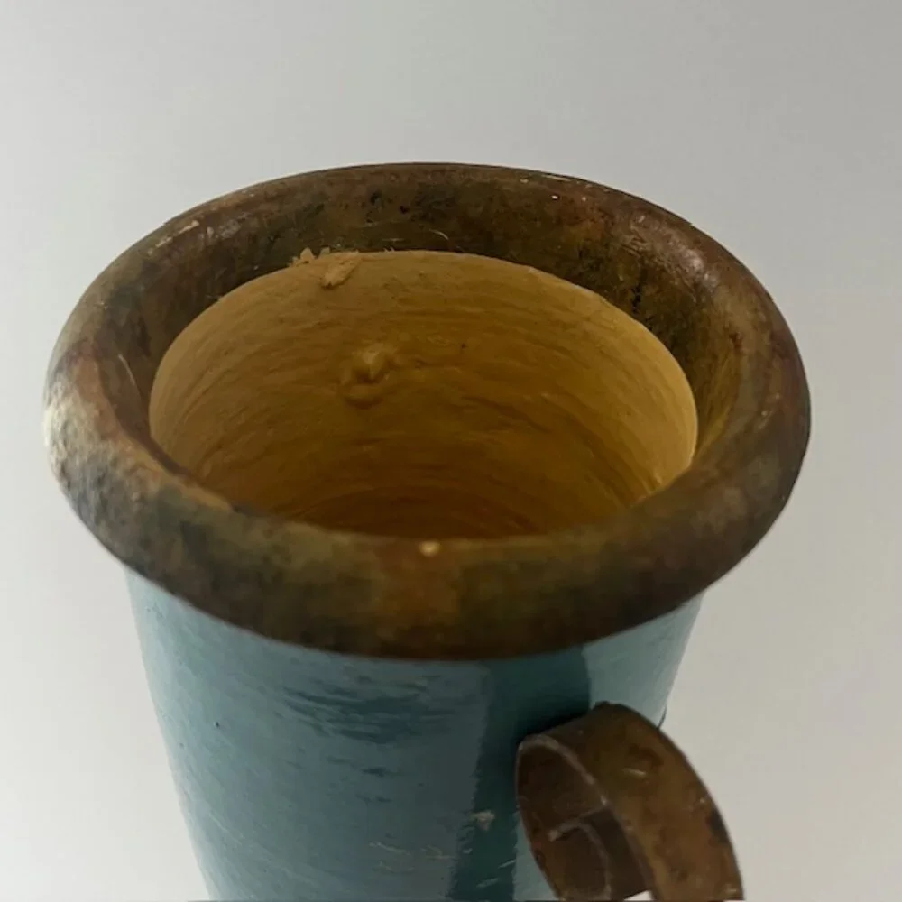 Glazed Ceramic Planter Vase Distressed Rustic Tuscan Scroll Metal Handles Aqua